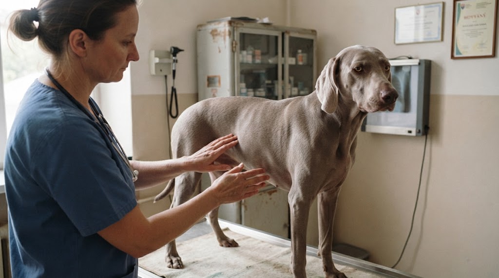 Veterinár vyšetruje psa pri podozrení na ochorenie pečene